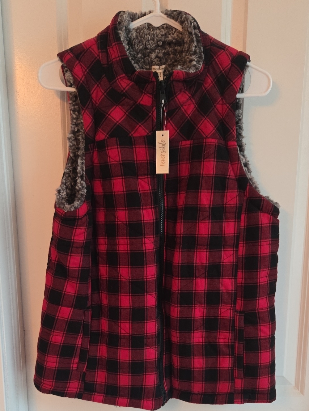 Maurices Red & Black Plaid Sherpa-Lined Vest